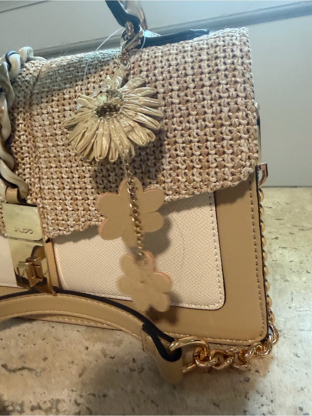 ALDO Cream/Tan Top Handle/Crossbody Purse Flower Charms, Woven Flap NWT - Picture 3 of 8